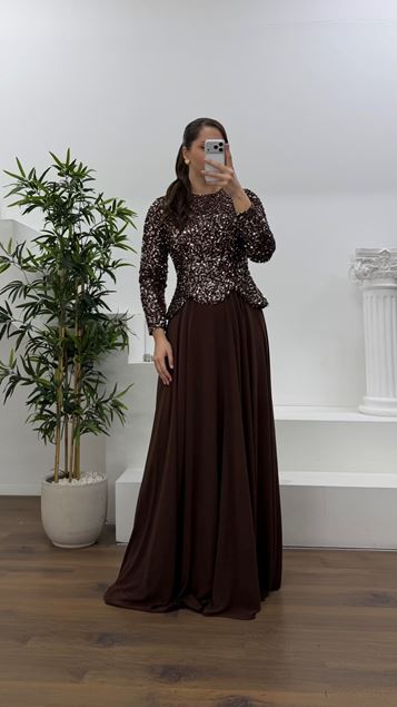 Kahve Pelum Detaylı Pul Payet Büyük Beden Tesettür Abiye Elbise