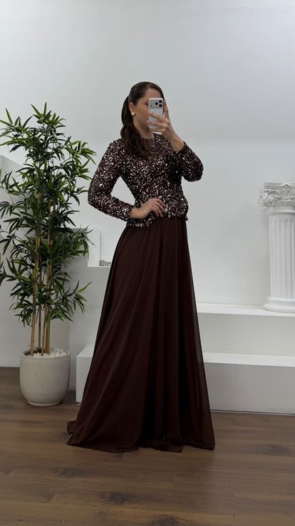 Kahve Pelum Detaylı Pul Payet Büyük Beden Tesettür Abiye Elbise