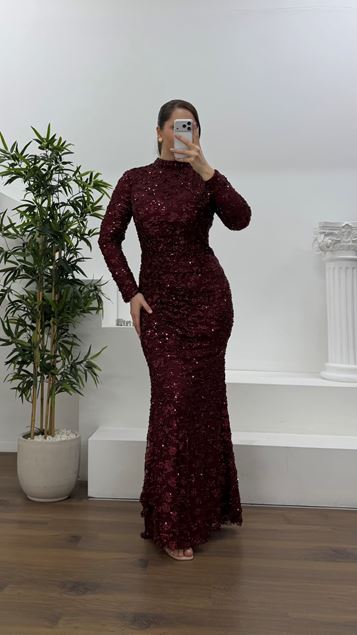 Bordo Beli Drapeli Pul Payet Büyük Beden Abiye Elbise
