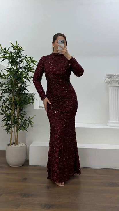 Bordo Beli Drapeli Pul Payet Büyük Beden Abiye Elbise