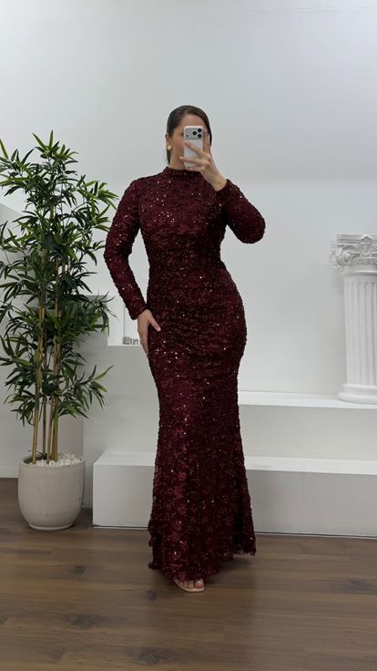 Bordo Beli Drapeli Pul Payet Büyük Beden Abiye Elbise