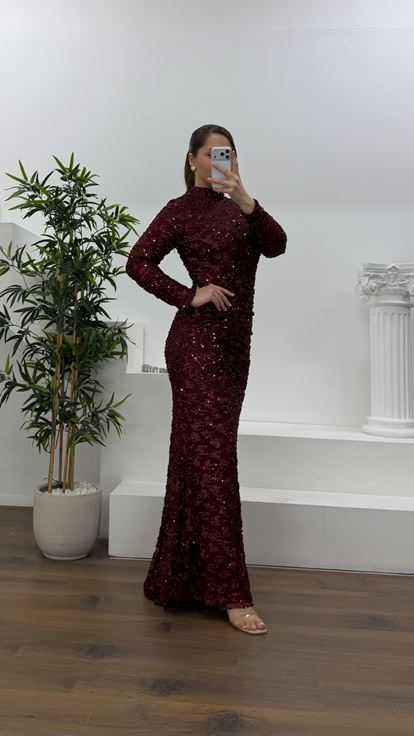 Bordo Beli Drapeli Pul Payet Büyük Beden Abiye Elbise