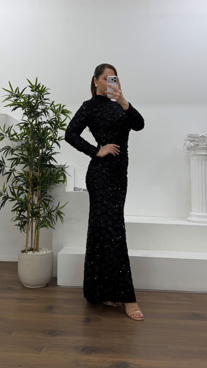 Siyah Beli Drapeli Pul Payet Büyük Beden Abiye Elbise