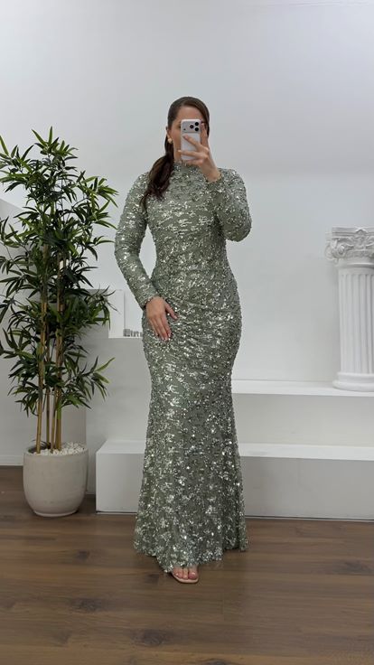 Mint Yeşili Beli Drapeli Pul Payet Büyük Beden Abiye Elbise