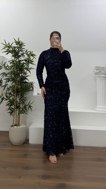 Lacivert Beli Drapeli Pul Payet Büyük Beden Abiye Elbise