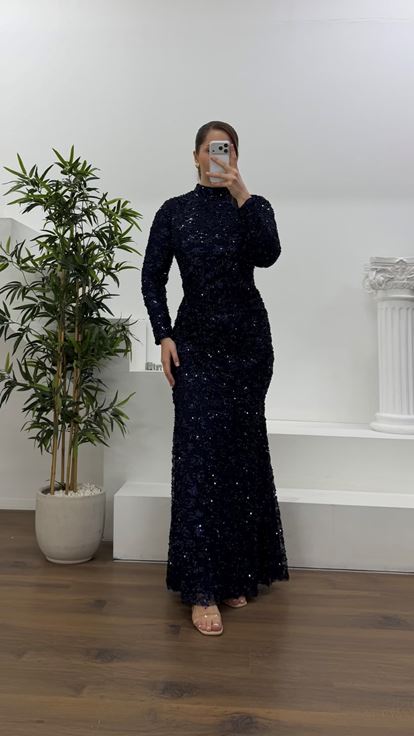 Lacivert Beli Drapeli Pul Payet Büyük Beden Abiye Elbise