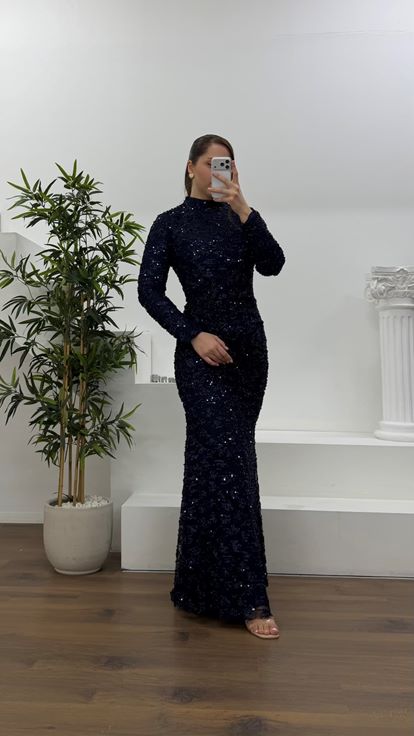 Lacivert Beli Drapeli Pul Payet Büyük Beden Abiye Elbise