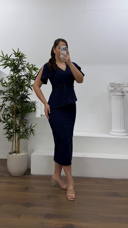 Lacivert Pelerin Kol Payet Detaylı Büyük Beden Abiye Elbise