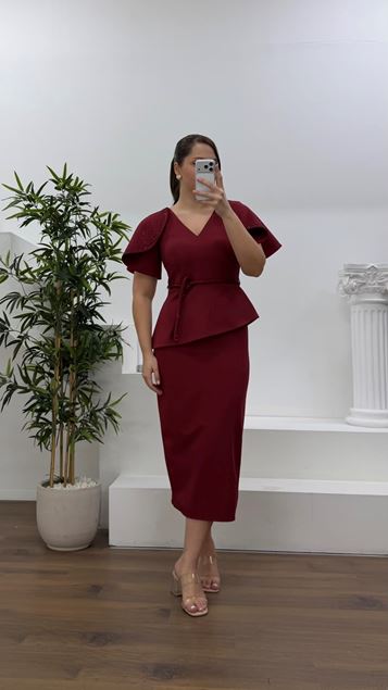 Bordo Pelerin Kol Payet Detaylı Büyük Beden Abiye Elbise