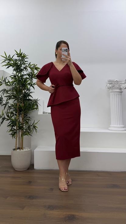 Bordo Pelerin Kol Payet Detaylı Büyük Beden Abiye Elbise