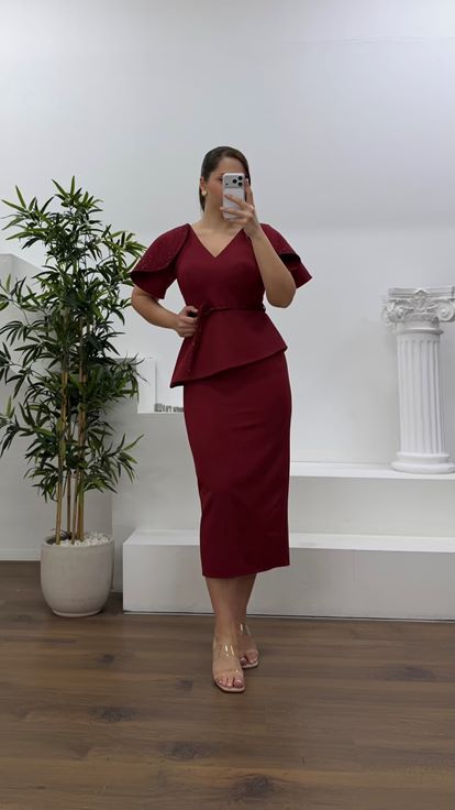 Bordo Pelerin Kol Payet Detaylı Büyük Beden Abiye Elbise