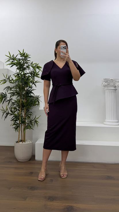 Mor Pelerin Kol Payet Detaylı Büyük Beden Abiye Elbise