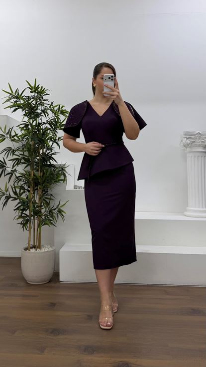 Mor Pelerin Kol Payet Detaylı Büyük Beden Abiye Elbise