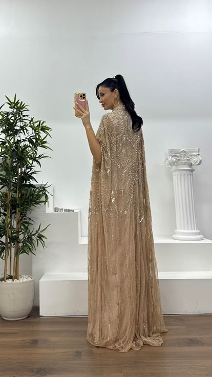 Somon Yarasa Kol Detaylı Abiye Elbise