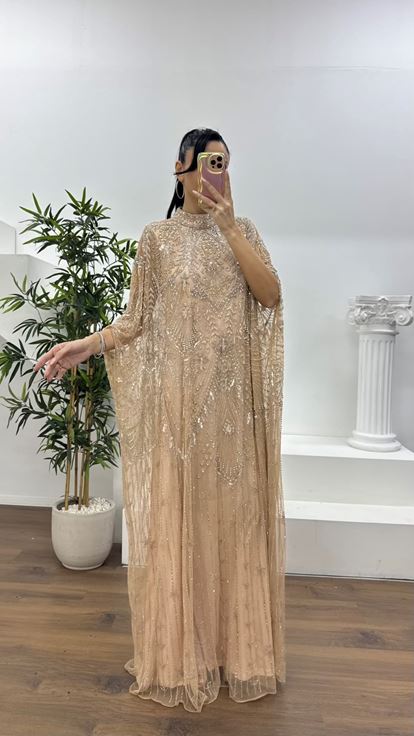 Somon Yarasa Kol Detaylı Abiye Elbise