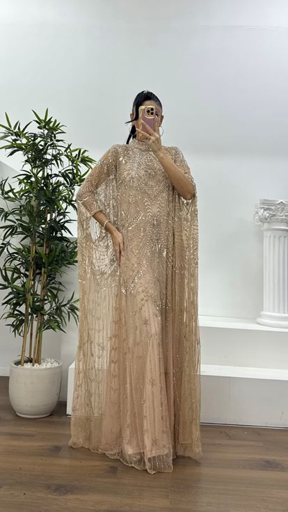 Somon Yarasa Kol Detaylı Abiye Elbise