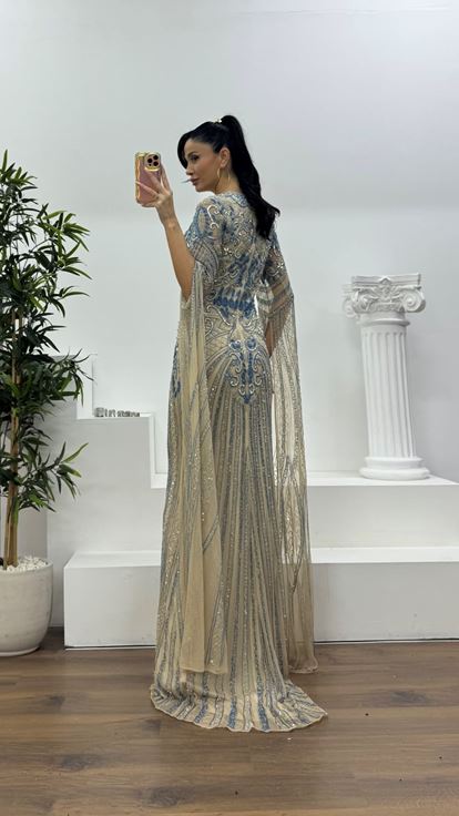 Krem-Mavi Uzun Pelerin Kol Yoğun İşlemeli Abiye Elbise