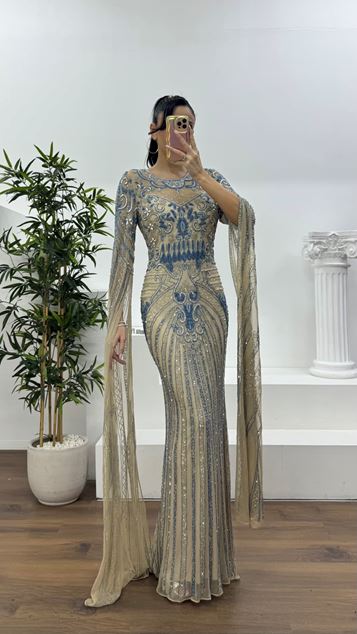 Krem-Mavi Uzun Pelerin Kol Yoğun İşlemeli Abiye Elbise