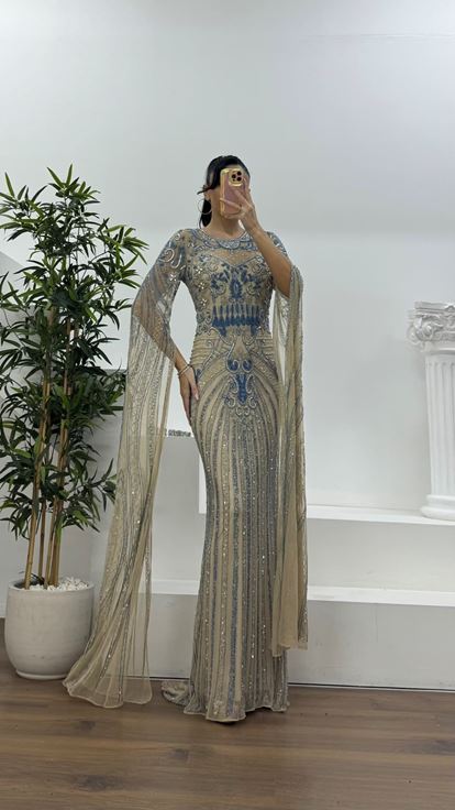 Krem-Mavi Uzun Pelerin Kol Yoğun İşlemeli Abiye Elbise