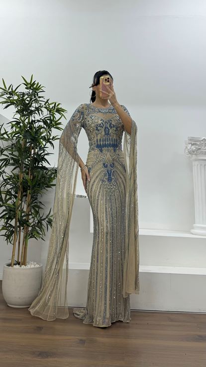 Krem-Mavi Uzun Pelerin Kol Yoğun İşlemeli Abiye Elbise