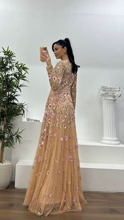 Salmon-colored  floral-patterned  sequined  crew-neck tulle evening dress 