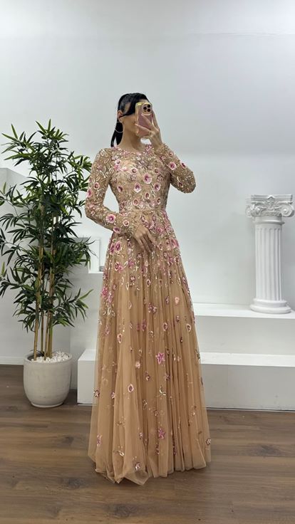 Salmon-colored  floral-patterned  sequined  crew-neck tulle evening dress 