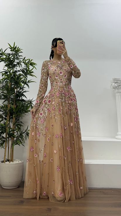 Salmon-colored  floral-patterned  sequined  crew-neck tulle evening dress 