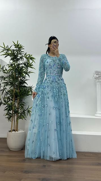 Blue Floral Patterned and Sequined Crew Neck Tulle Evening Dress