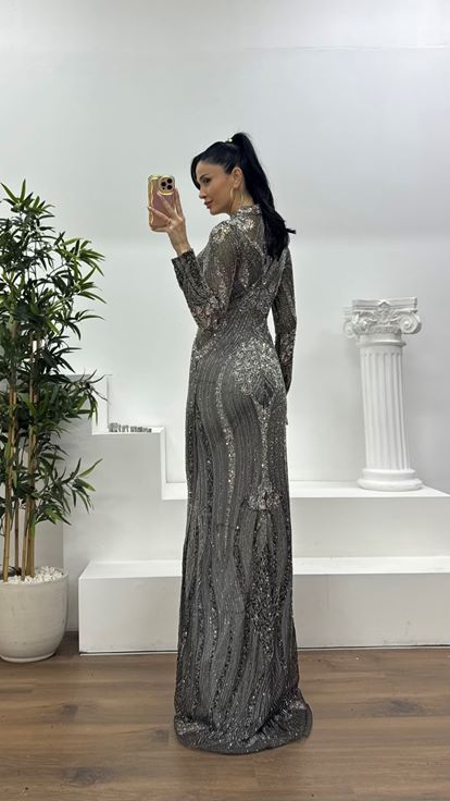 Antrasit Hakim Yaka Transparan Detaylı Balık Model Abiye Elbise