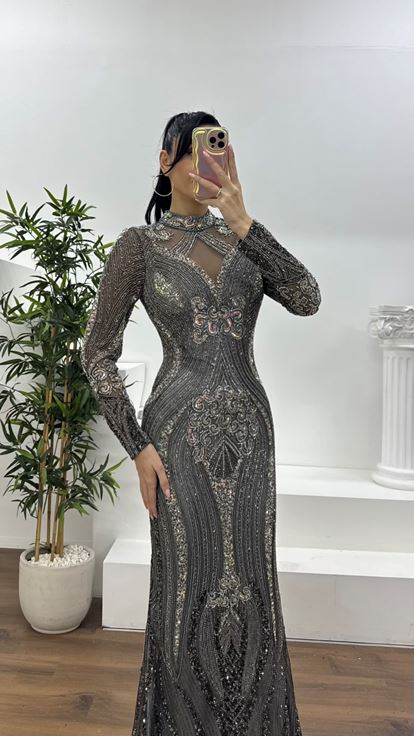 Antrasit Hakim Yaka Transparan Detaylı Balık Model Abiye Elbise