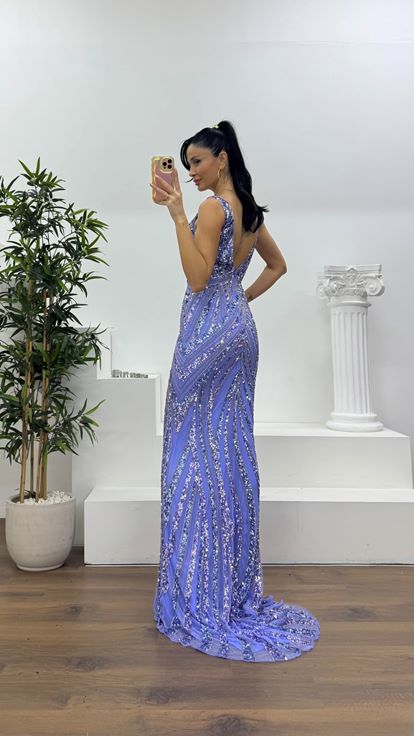 Lila Payet Akış Desenli Kalın Askılı Abiye Elbise