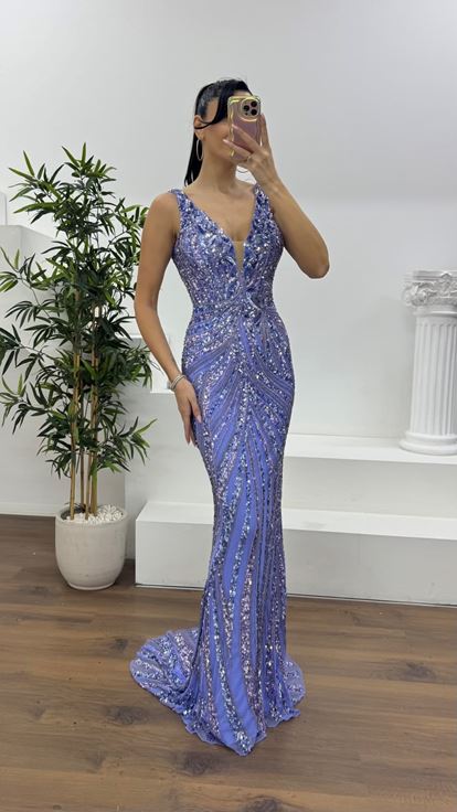 Lila Payet Akış Desenli Kalın Askılı Abiye Elbise