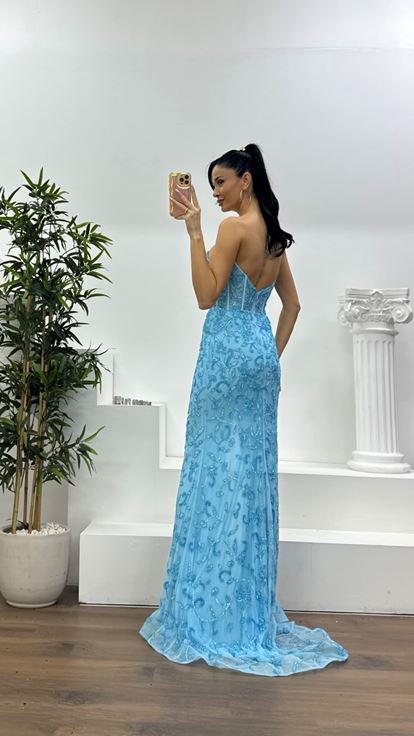 Mavi Korse Detaylı Kalın Askılı Abiye Elbise