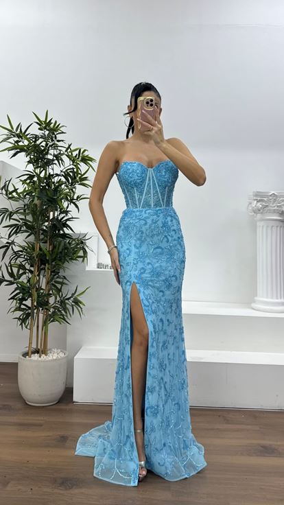 Mavi Korse Detaylı Kalın Askılı Abiye Elbise