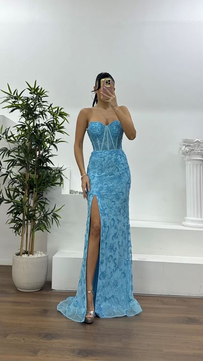 Mavi Korse Detaylı Kalın Askılı Abiye Elbise