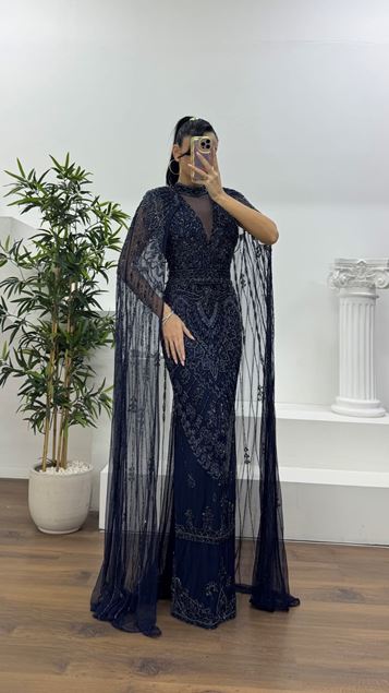 Lacivert V Yaka Kısa Kollu, Pelerinli Abiye Elbise