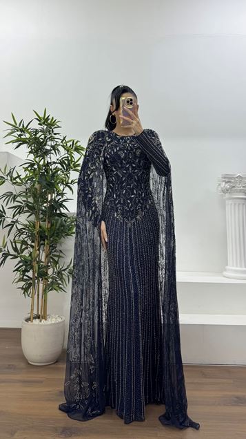Lacivert Vintage Motif İşlemeli Uzun Abiye Elbise