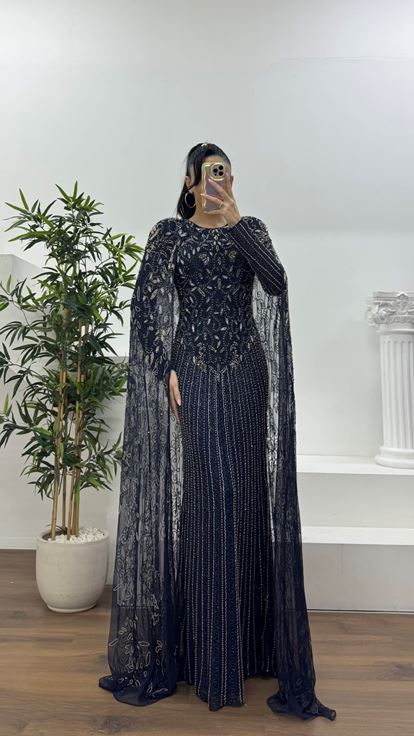 Lacivert Vintage Motif İşlemeli Uzun Abiye Elbise