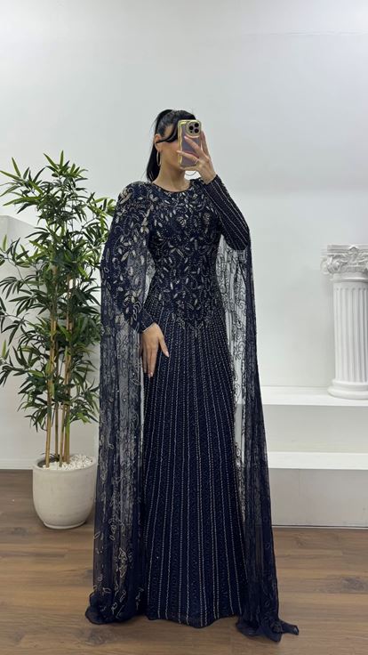 Lacivert Vintage Motif İşlemeli Uzun Abiye Elbise