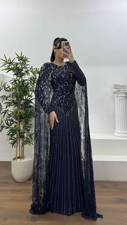 Lacivert Vintage Motif İşlemeli Uzun Abiye Elbise