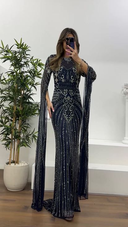 Lacivert Uzun Pelerin Kol Yoğun İşlemeli Abiye Elbise
