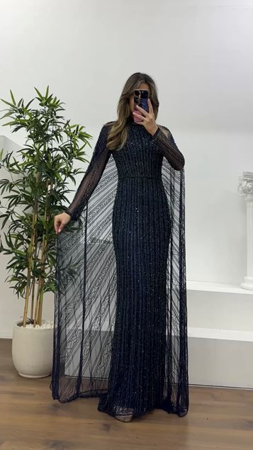 Lacivert Bisiklet Yaka Pelerinli Boncuk İşlemeli Abiye Elbise