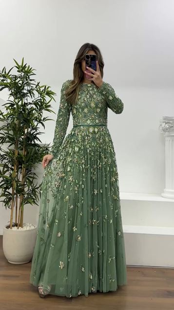 Green Floral Patterned and Sequined Crew Neck Tulle Evening Dress