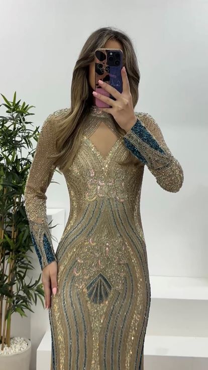 Krem-Turkuaz Hakim Yaka Transparan Detaylı Balık Model Abiye Elbise