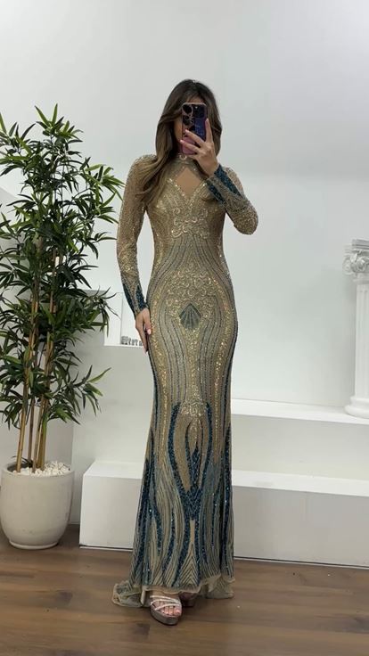 Krem-Turkuaz Hakim Yaka Transparan Detaylı Balık Model Abiye Elbise