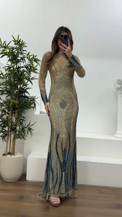 Krem-Turkuaz Hakim Yaka Transparan Detaylı Balık Model Abiye Elbise