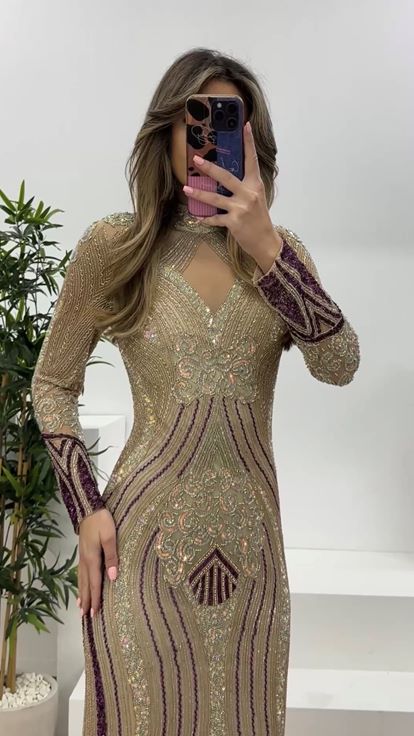 Krem-Fuşya Hakim Yaka Transparan Detaylı Balık Model Abiye Elbise