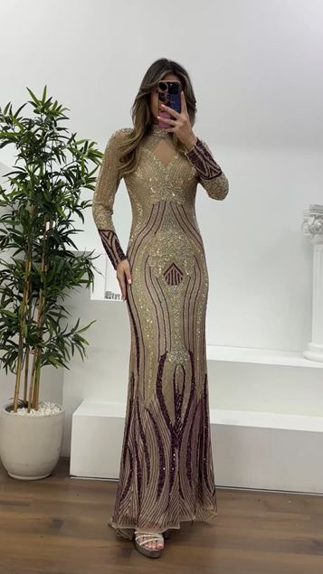 Krem-Fuşya Hakim Yaka Transparan Detaylı Balık Model Abiye Elbise