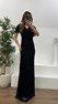 Siyah V Yaka Kruvaze Detaylı Payet İşlemeli Uzun Abiye Elbise