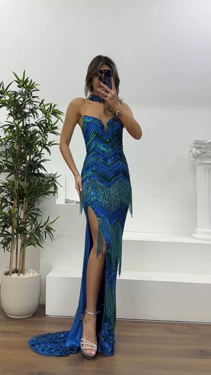 Mavi-Yeşil Püskül Detaylı Boyundan Bağlamalı Abiye Elbise